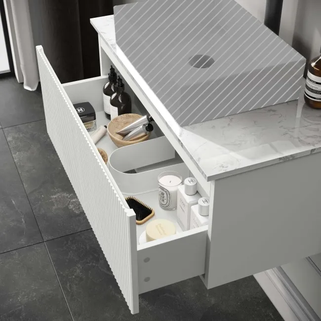 Malta Fluted Coastal White Wall Hung Drawer Vanity with Marble Top 800mm - Excludes Counter Top Basin