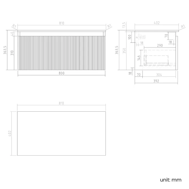 Malta Fluted Coastal White Wall Hung Drawer Vanity with Marble Top 800mm - Excludes Counter Top Basin