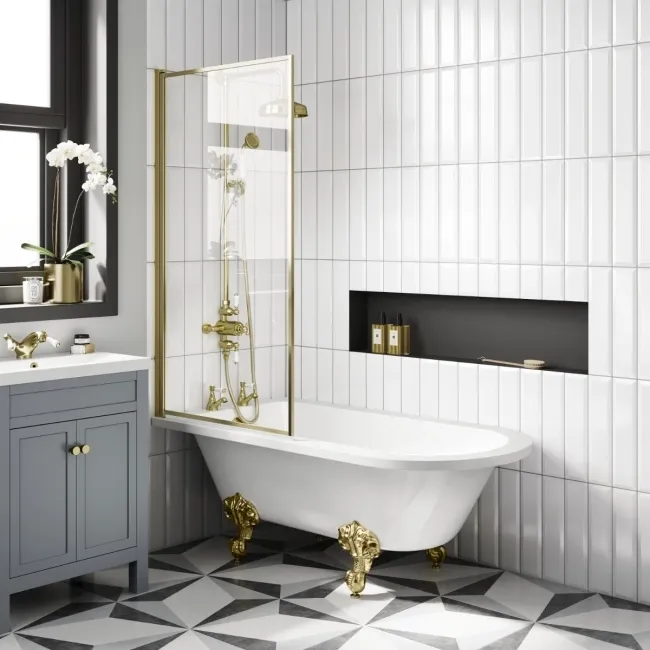 Abingdon 1500 Roll Top Shower Bath - Brushed Brass Ball Feet & 6mm Easy Clean Brushed Brass Bath Screen