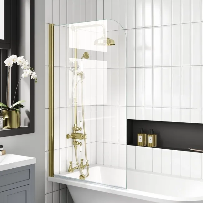 Abingdon 1500 Roll Top Shower Bath - Brushed Brass Ball Feet & 6mm Easy Clean Brushed Brass Bath Screen