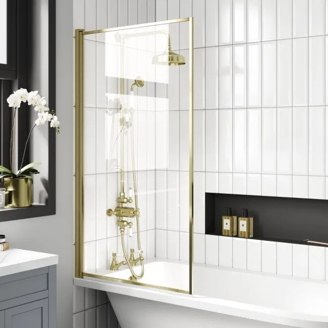 Abingdon 1700 Roll Top Shower Bath - Brushed Brass Ball Feet & 6mm Easy Clean Brushed Brass Bath Screen