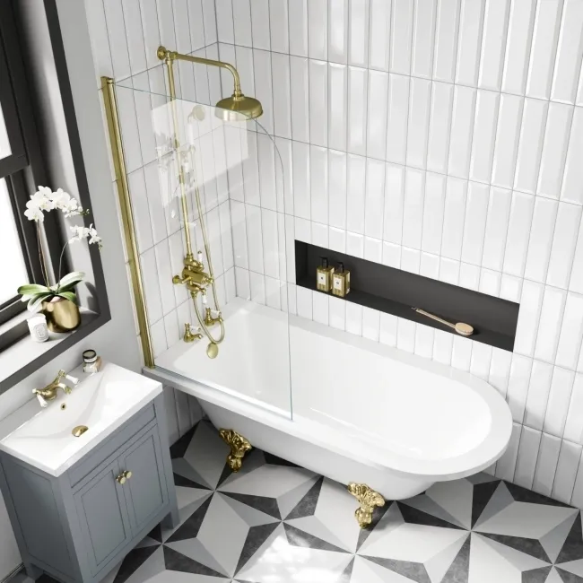 Abingdon 1700 Roll Top Shower Bath - Brushed Brass Ball Feet & 6mm Easy Clean Brushed Brass Bath Screen