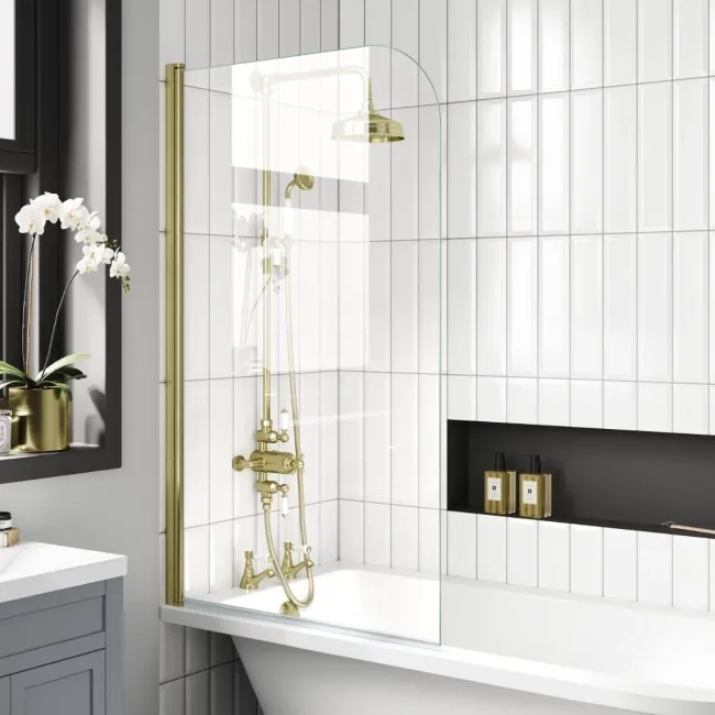 Abingdon 1700 Roll Top Shower Bath - Brushed Brass Ball Feet & 6mm Easy Clean Brushed Brass Bath Screen