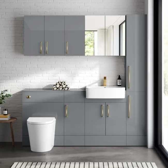 Harper Stone Grey Wall Hung Cabinet 600x600mm - Brushed Brass Accents