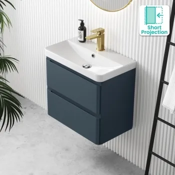 Corsica Inky Blue Wall Hung Slimline Basin Drawer Vanity 600mm