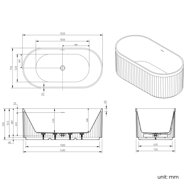 Finchley 1500mm Fluted Freestanding Bath