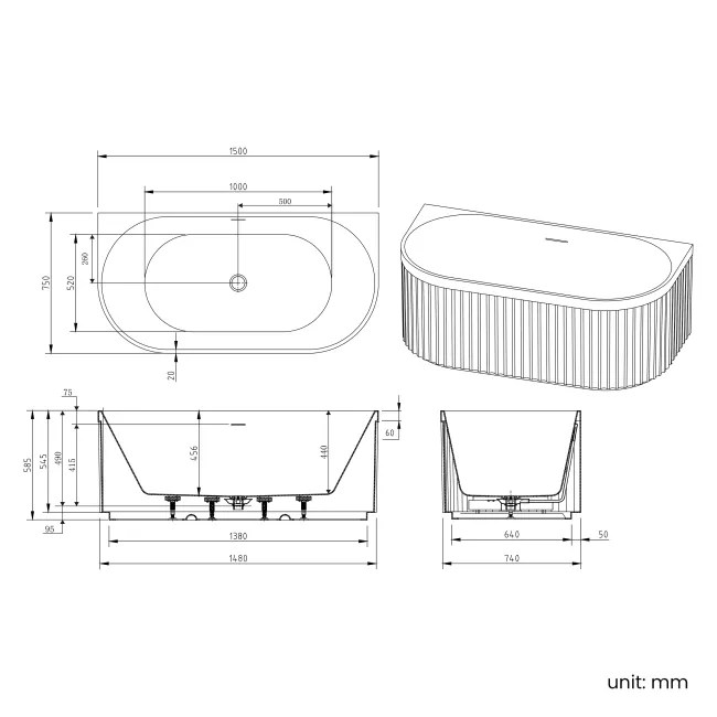 Finchley 1500mm Fluted Back To Wall Bath