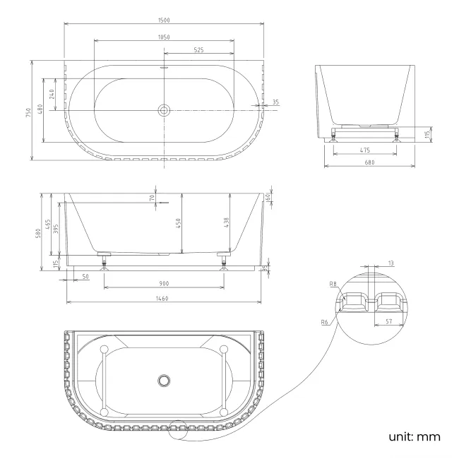 Brent 1500mm Fluted Matt White Back To Wall Bath