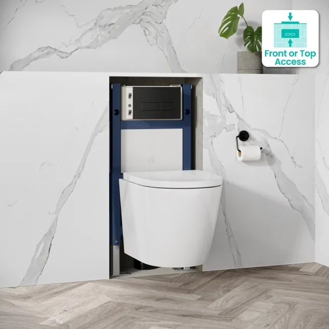 Idaho Pneumatic Compact Top & Front Wall Hung Toilet Frame and Concealed Cistern with Matt Black Flush Plate - Square Buttons