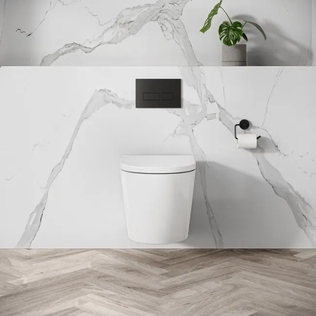 Idaho Pneumatic Compact Top & Front Wall Hung Toilet Frame and Concealed Cistern with Matt Black Flush Plate - Square Buttons