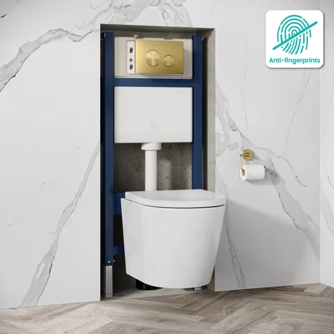 Idaho Pneumatic Wall Hung Toilet Frame and Concealed Cistern with Brushed Brass Flush Plate - Round Buttons
