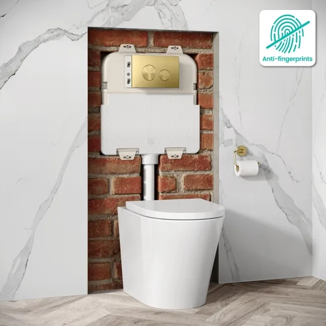Idaho Pneumatic Concealed Cistern with Brushed Brass Flush Plate - Round Buttons