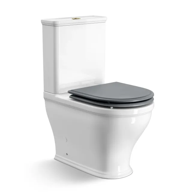 Kansas Traditional Rimless Close Coupled Toilet With Dove Grey Wooden Seat - Brushed Brass Hinges