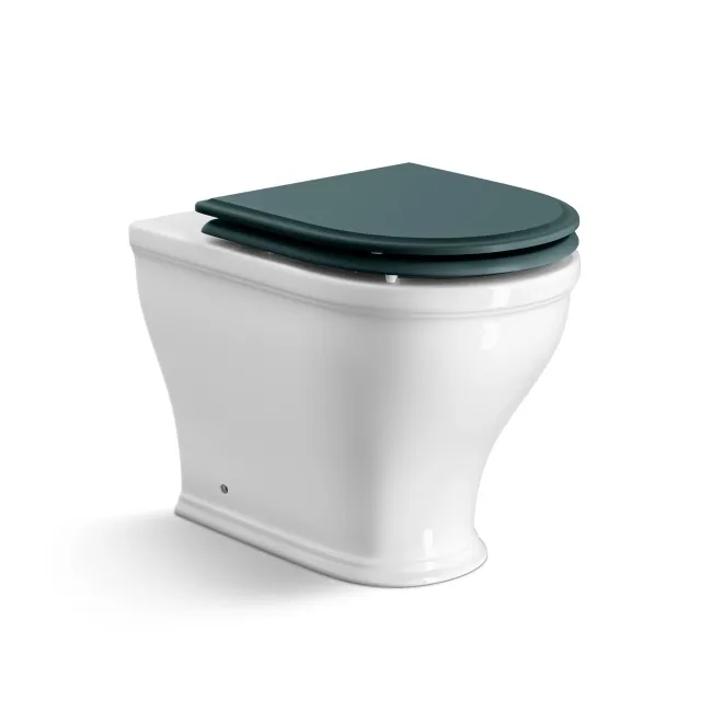 Kansas Traditional Rimless Back To Wall Toilet With Midnight Green Wooden Seat - Brushed Brass Hinges
