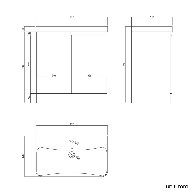 Corsica Gloss White Basin Vanity 800mm