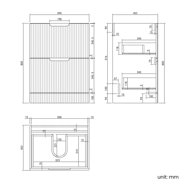Crete Fluted Linen White Vanity Drawer with Marble Top 600mm - Excludes Counter Top Basin