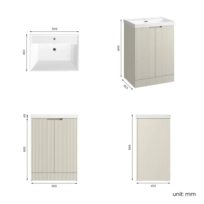 Crete Fluted Linen White Basin Vanity 600mm