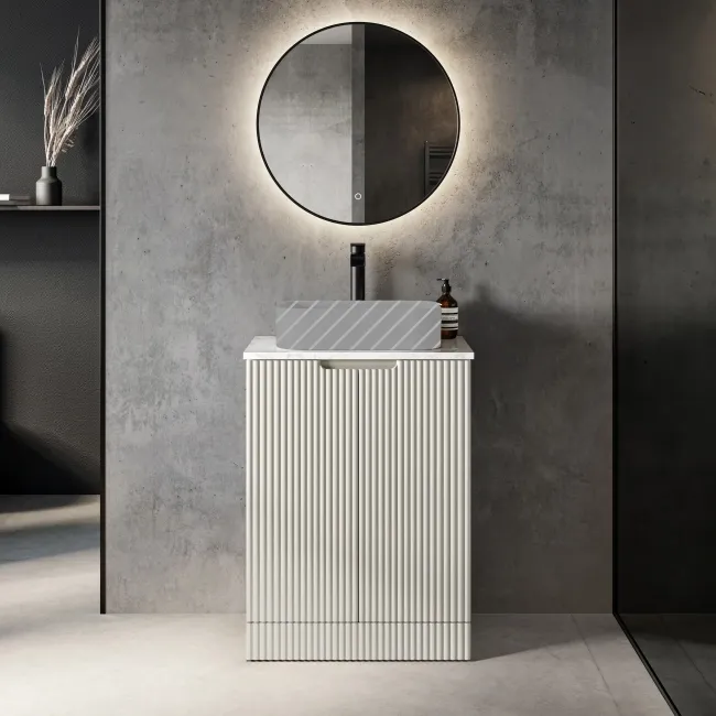 Crete Fluted Linen White Vanity with Marble Top 600mm - Excludes Counter Top Basin