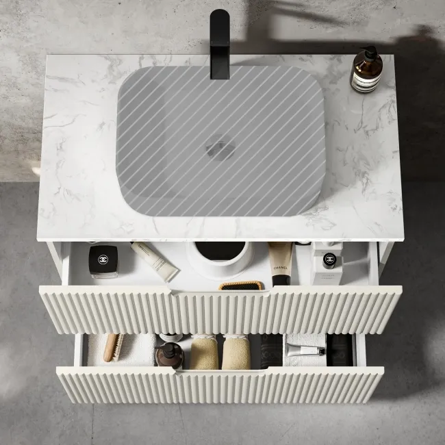 Crete Fluted Linen White Vanity Drawer with Marble Top 800mm - Excludes Counter Top Basin
