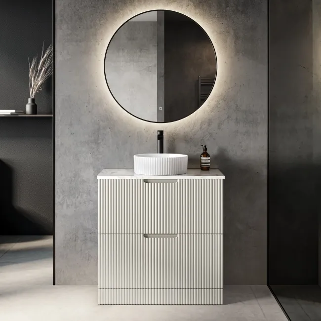 Crete Fluted Linen White Vanity Drawer with Marble Top & Nevis Basin 800mm