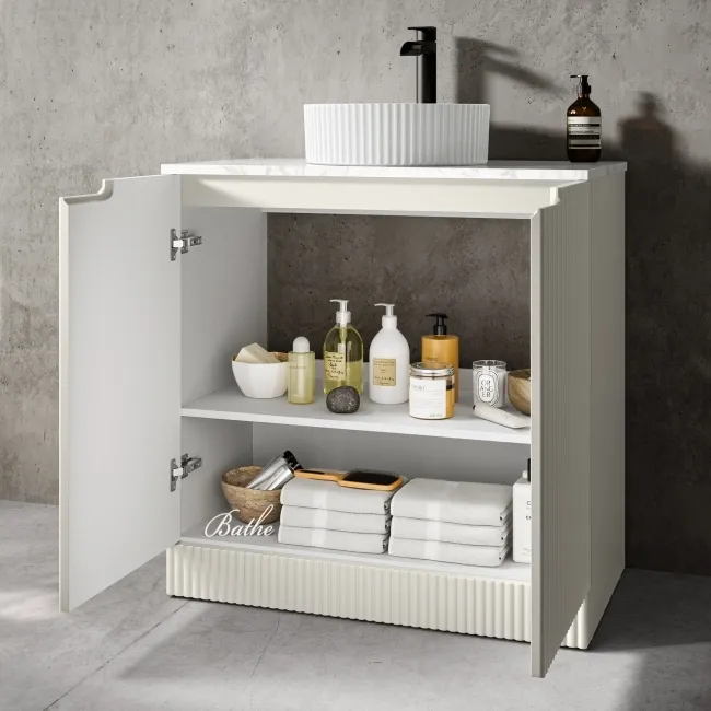 Crete Fluted Linen White Vanity with Marble Top & Nevis Basin 800mm