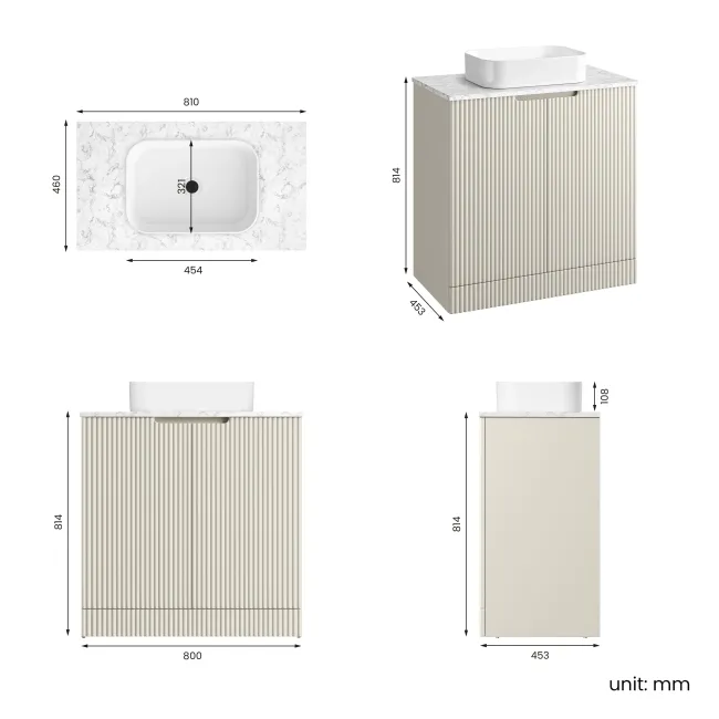 Crete Fluted Linen White Vanity with Marble Top & Marin Basin 800mm