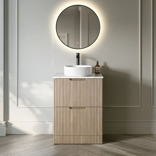 Crete Fluted Apex Oak Vanity Drawer with Marble Top & Nevis Basin 600mm