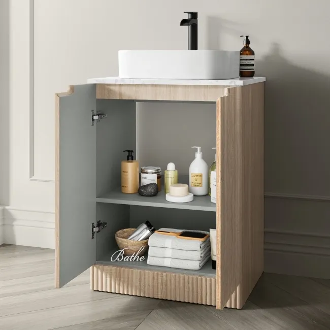 Crete Fluted Apex Oak Vanity with Marble Top & Marin Basin 600mm