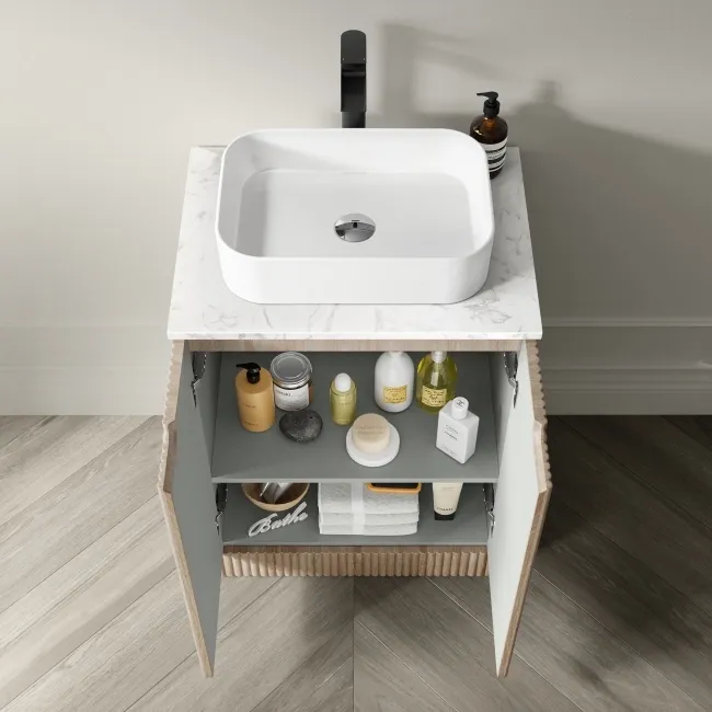 Crete Fluted Apex Oak Vanity with Marble Top & Marin Basin 600mm