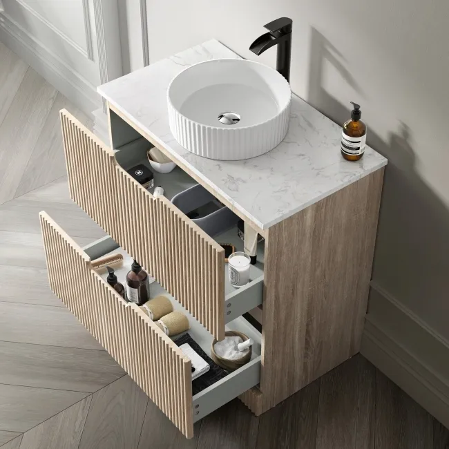 Crete Fluted Apex Oak Vanity Drawer with Marble Top & Nevis Basin 800mm