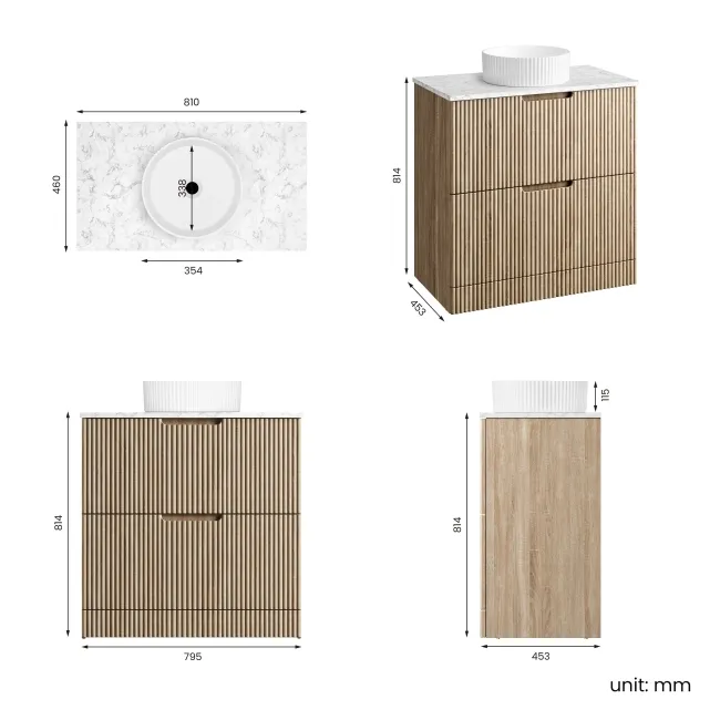 Crete Fluted Apex Oak Vanity Drawer with Marble Top & Nevis Basin 800mm