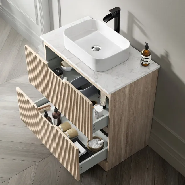 Crete Fluted Apex Oak Vanity Drawer with Marble Top & Marin Basin 800mm
