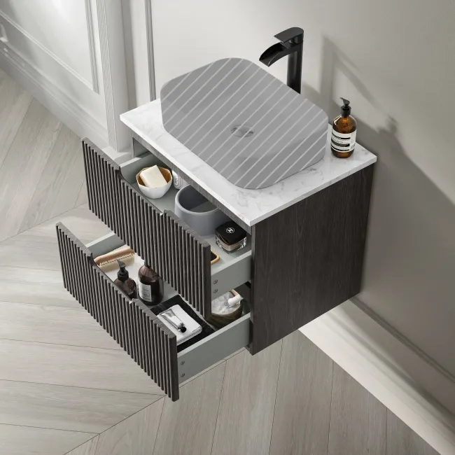 Crete Fluted Charcoal Elm Wall Hung Drawer Vanity with Marble Top 600mm - Excludes Counter Top Basin