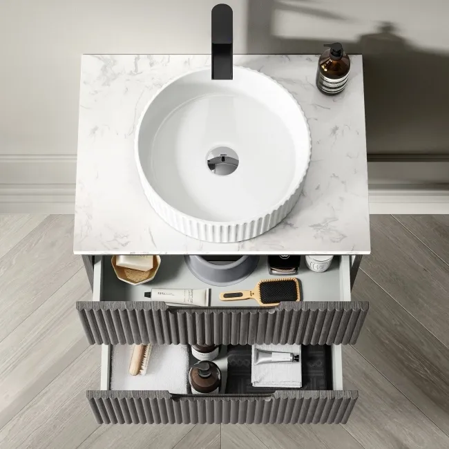 Crete Fluted Charcoal Elm Wall Hung Drawer Vanity with Marble Top & Nevis Basin 600mm