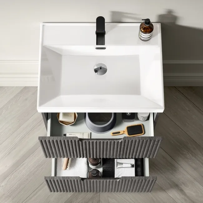 Crete Fluted Charcoal Elm Basin Vanity Drawer 600mm