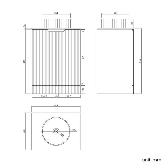 Crete Fluted Charcoal Elm Vanity with Marble Top & Nevis Basin 600mm