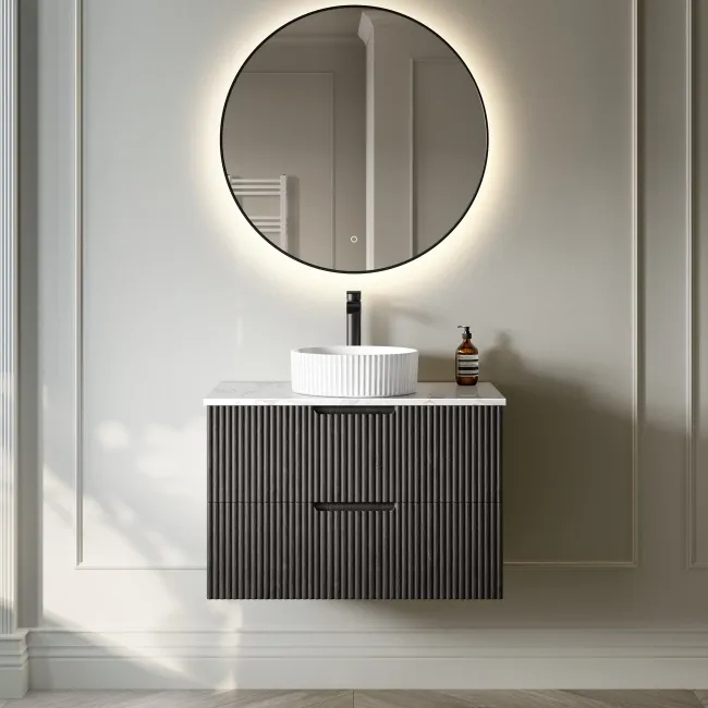 Crete Fluted Charcoal Elm Wall Hung Drawer Vanity with Marble Top & Nevis Basin 800mm