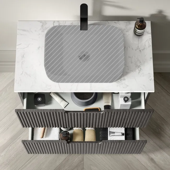 Crete Fluted Charcoal Elm Vanity Drawer with Marble Top 800mm - Excludes Counter Top Basin
