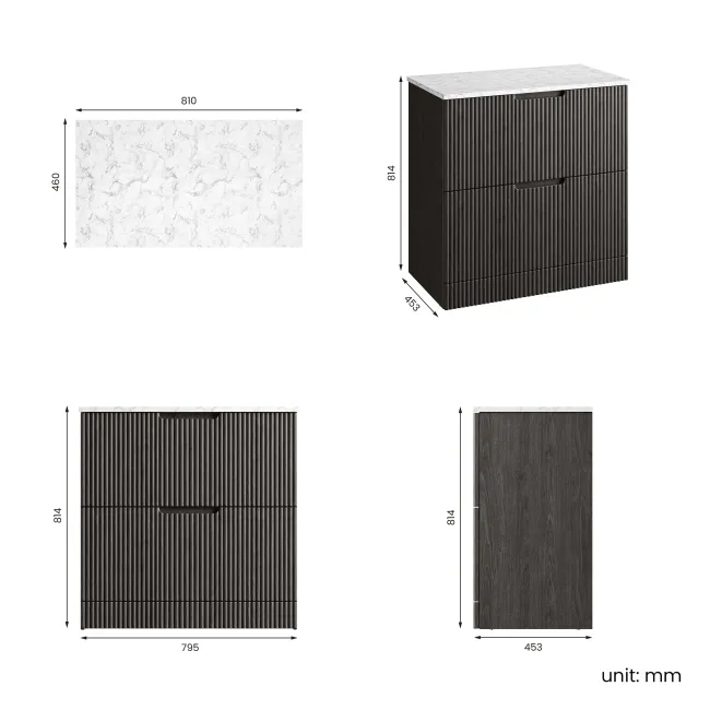 Crete Fluted Charcoal Elm Vanity Drawer with Marble Top 800mm - Excludes Counter Top Basin