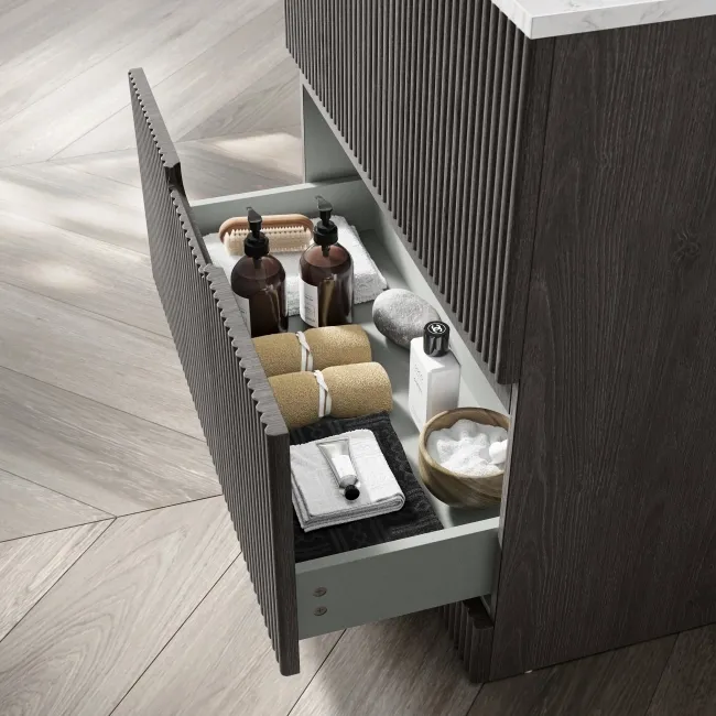 Crete Fluted Charcoal Elm Vanity Drawer with Marble Top & Nevis Basin 800mm