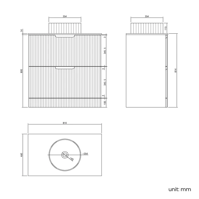 Crete Fluted Charcoal Elm Vanity Drawer with Marble Top & Nevis Basin 800mm