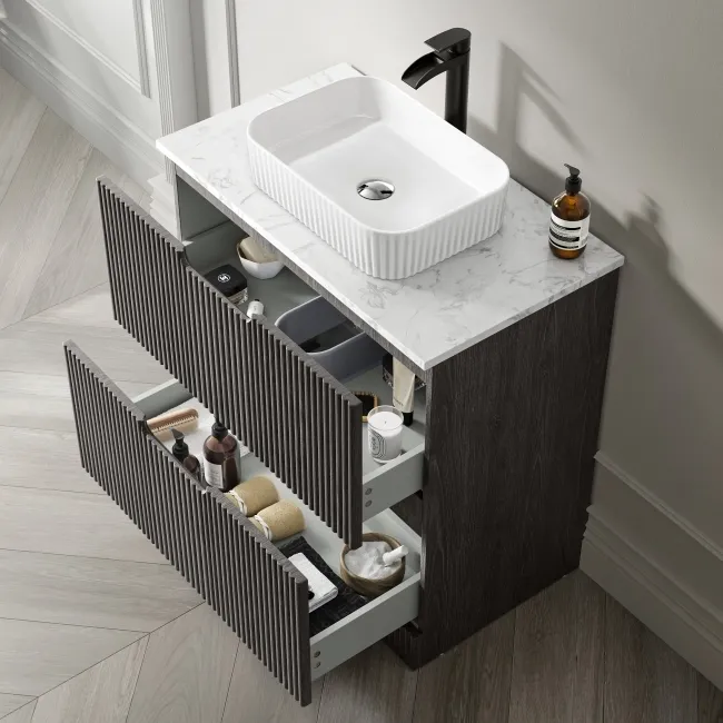 Crete Fluted Charcoal Elm Vanity Drawer with Marble Top & Reno Basin 800mm