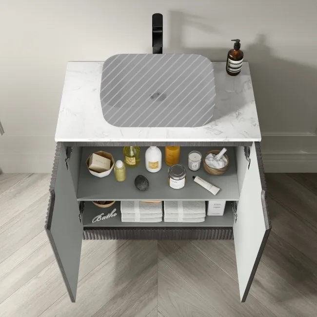 Crete Fluted Charcoal Elm Vanity with Marble Top 800mm - Excludes Counter Top Basin