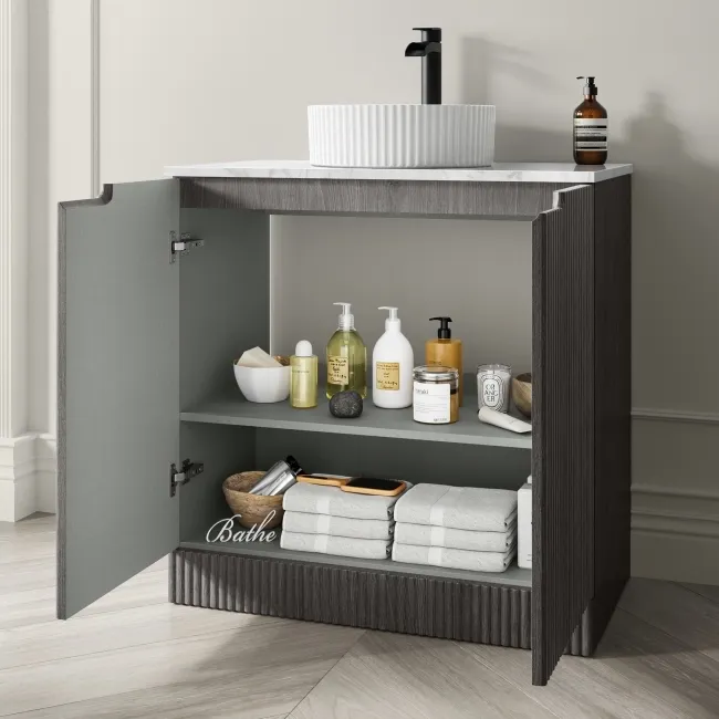 Crete Fluted Charcoal Elm Vanity with Marble Top & Nevis Basin 800mm