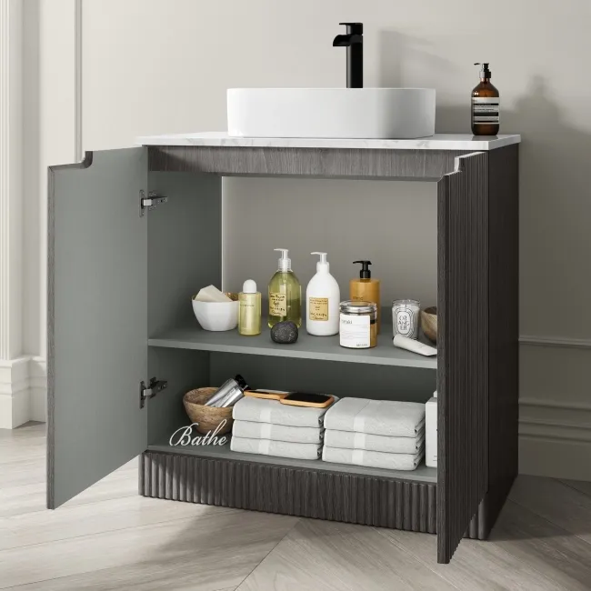 Crete Fluted Charcoal Elm Vanity with Marble Top & Marin Basin 800mm