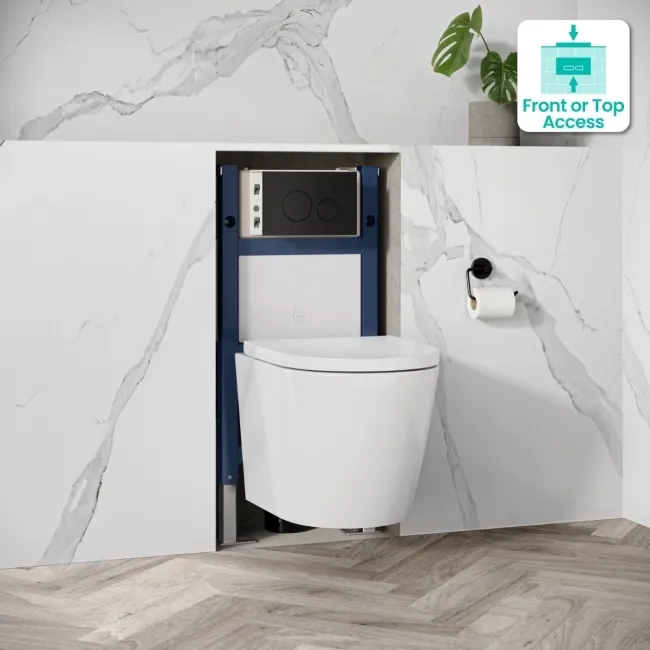 Idaho Pneumatic Compact Top & Front Wall Hung Toilet Frame and Concealed Cistern with Matt Black Flush Plate - Round Buttons