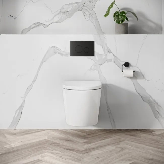 Idaho Pneumatic Compact Top & Front Wall Hung Toilet Frame and Concealed Cistern with Matt Black Flush Plate - Round Buttons