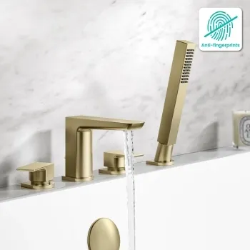 Ribble Brushed Brass Deck Mounted 4TH Bath Shower Mixer Tap & Handheld Shower