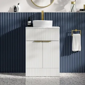 Havana Fluted Coastal White Cabinet with Marble Top & Nevis Basin 600mm - Brushed Brass Accents