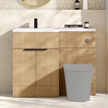 Havana Fluted Country Oak Basin Vanity and Back To Wall Toilet Unit 1100mm (Excludes Toilet) - Black Accents - Left Handed